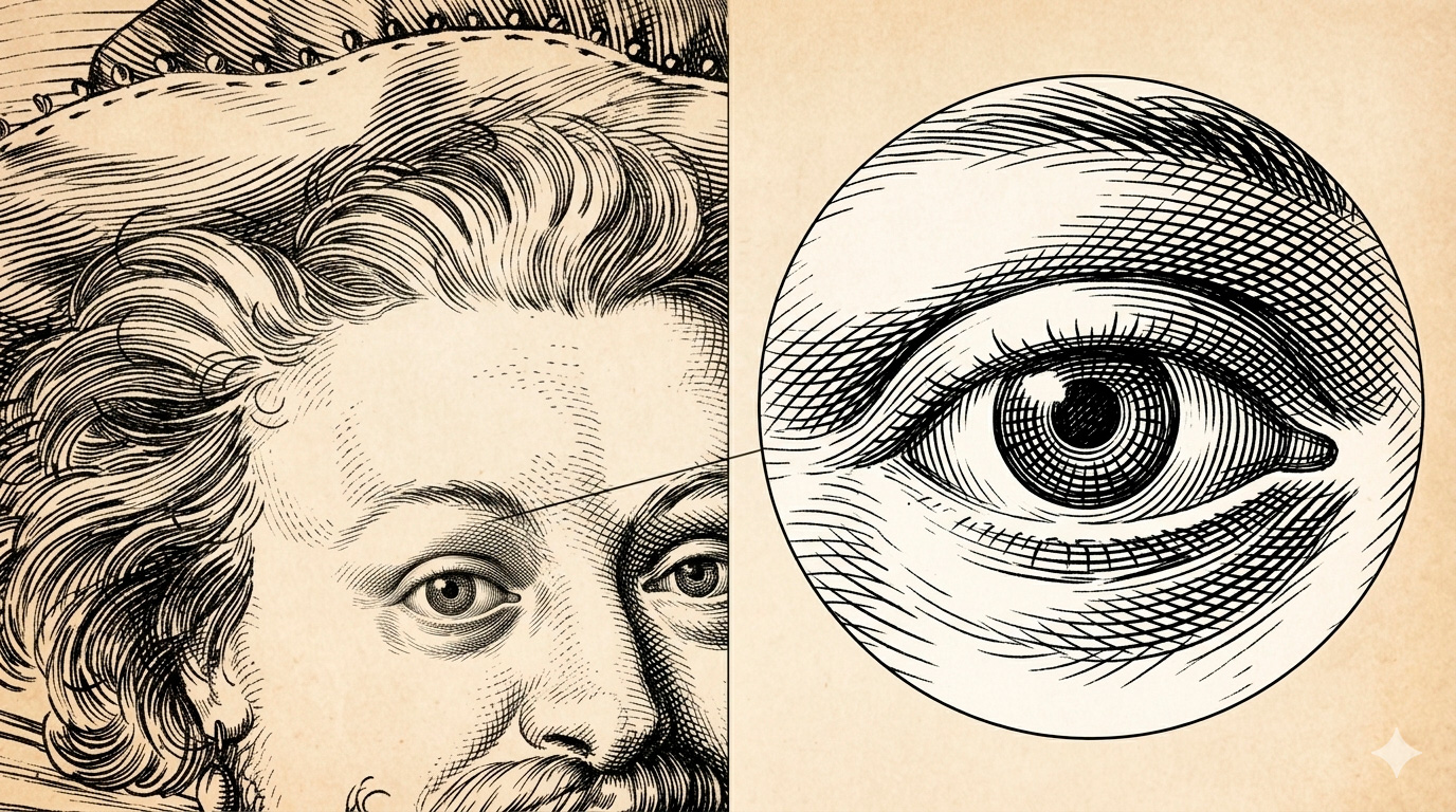 Фрагмент старинной гравюры с увеличенным изображением глаза, показывающим, что полутон создаётся плотной штриховкой, а не серой краской.