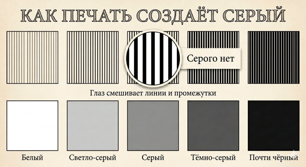 Схема, показывающая, как плотность чёрных линий создаёт иллюзию серого: сверху — штриховка разной плотности, снизу — воспринимаемый глазом тон