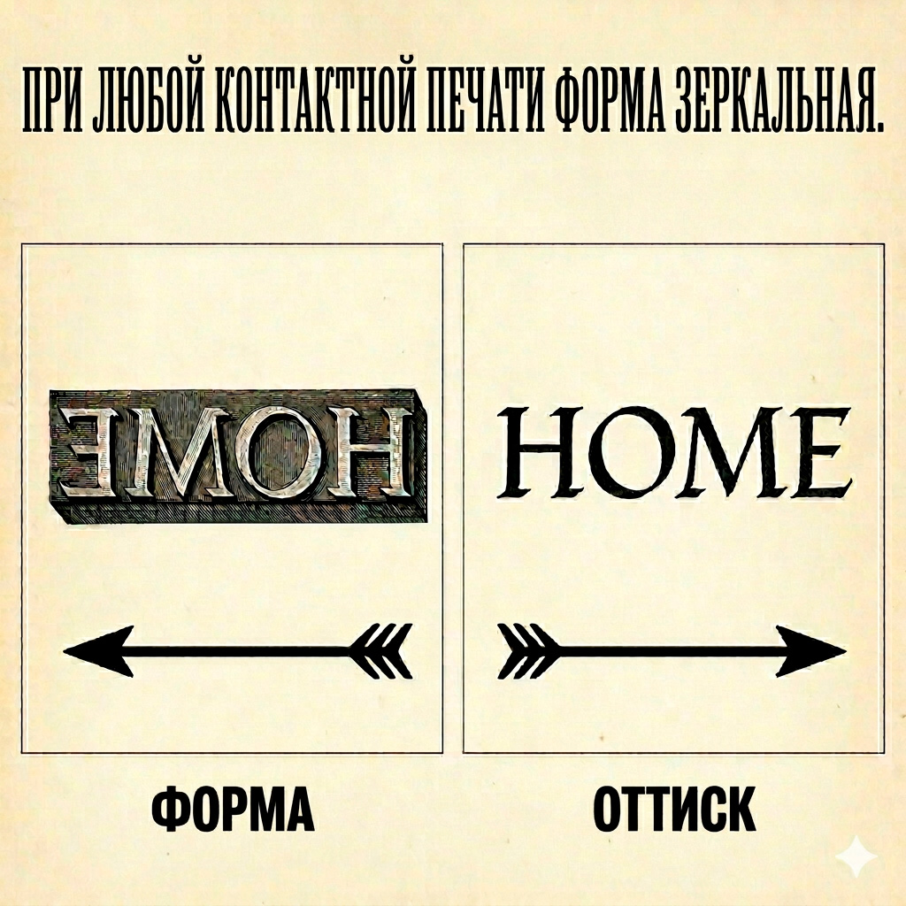 Схема, показывающая зеркальную печатную форму со словом EMOH и готовый оттиск со словом HOME