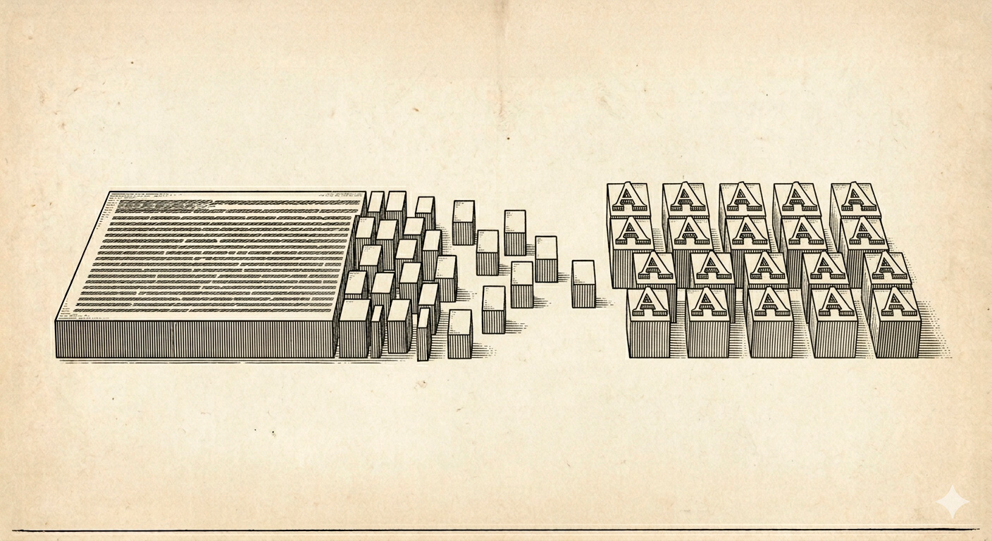 Схематическое изображение набора печатных литер и готового текста