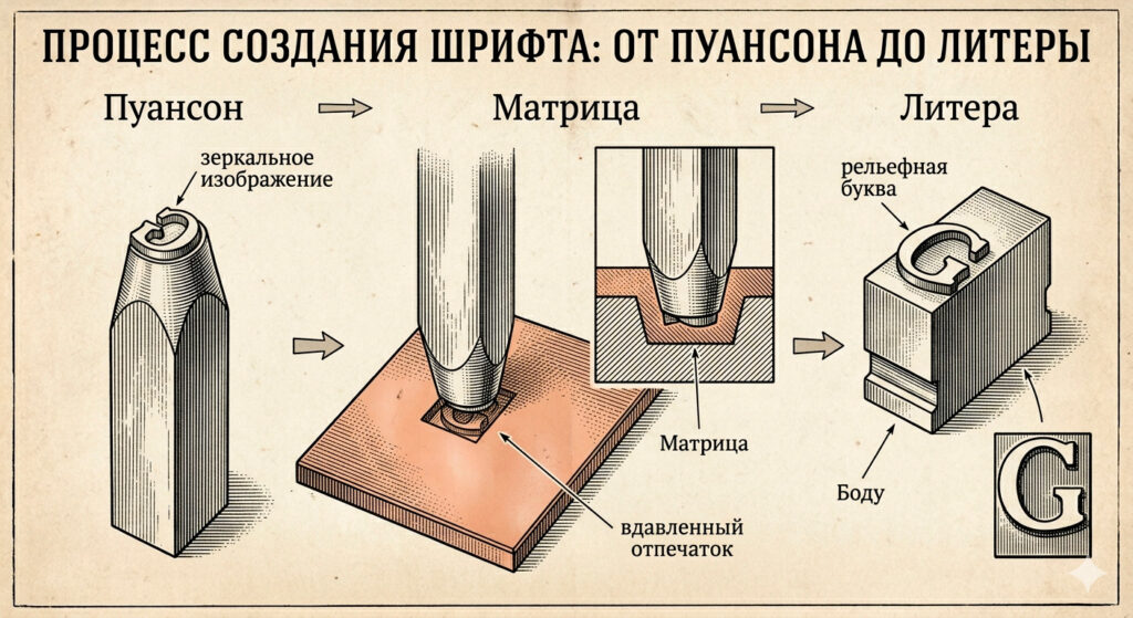 Схема создания печатной литеры: пуансон, матрица и отливка буквы