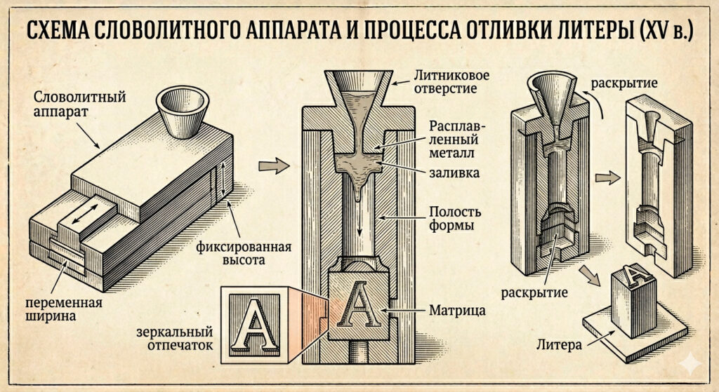 Схема словолитного аппарата и процесса отливки печатной литеры
