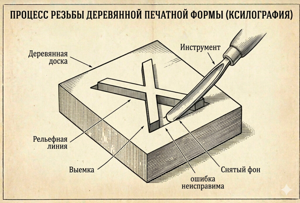 Резец вырезает фон вокруг рельефной линии на деревянной доске для ксилографии