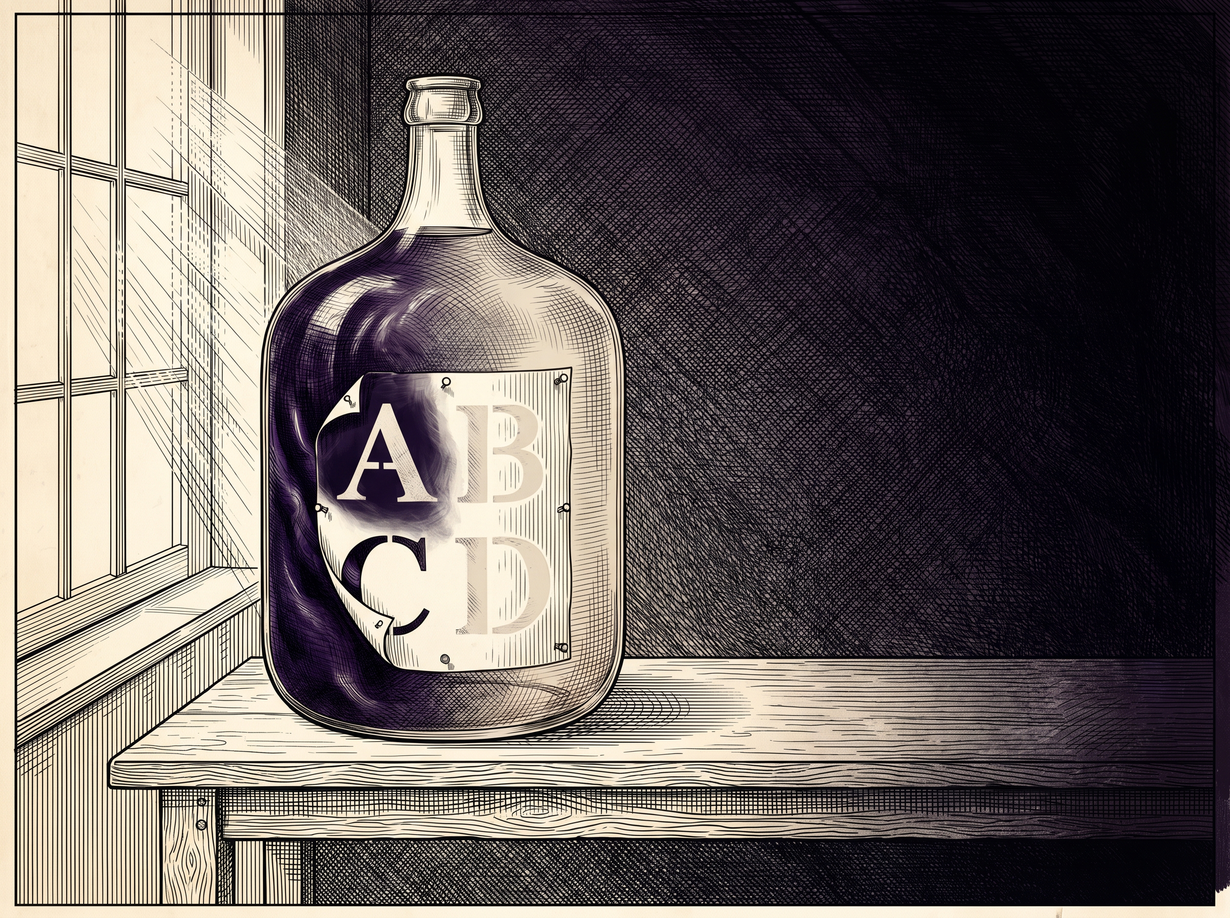 Бутыль с раствором солей серебра у окна: часть жидкости потемнела на свету, а под бумажным трафаретом остались светлые буквы