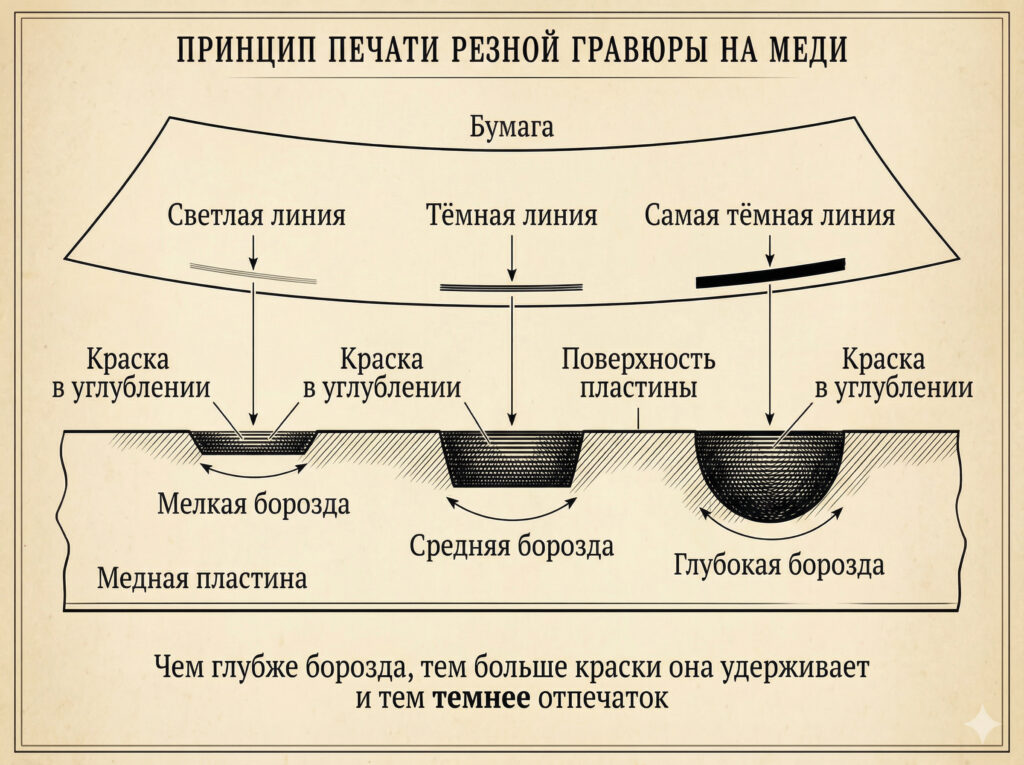 Схема печати медной резцовой гравюры: три борозды разной глубины на медной пластине удерживают разное количество краски и дают на бумаге светлую, тёмную и самую тёмную линию