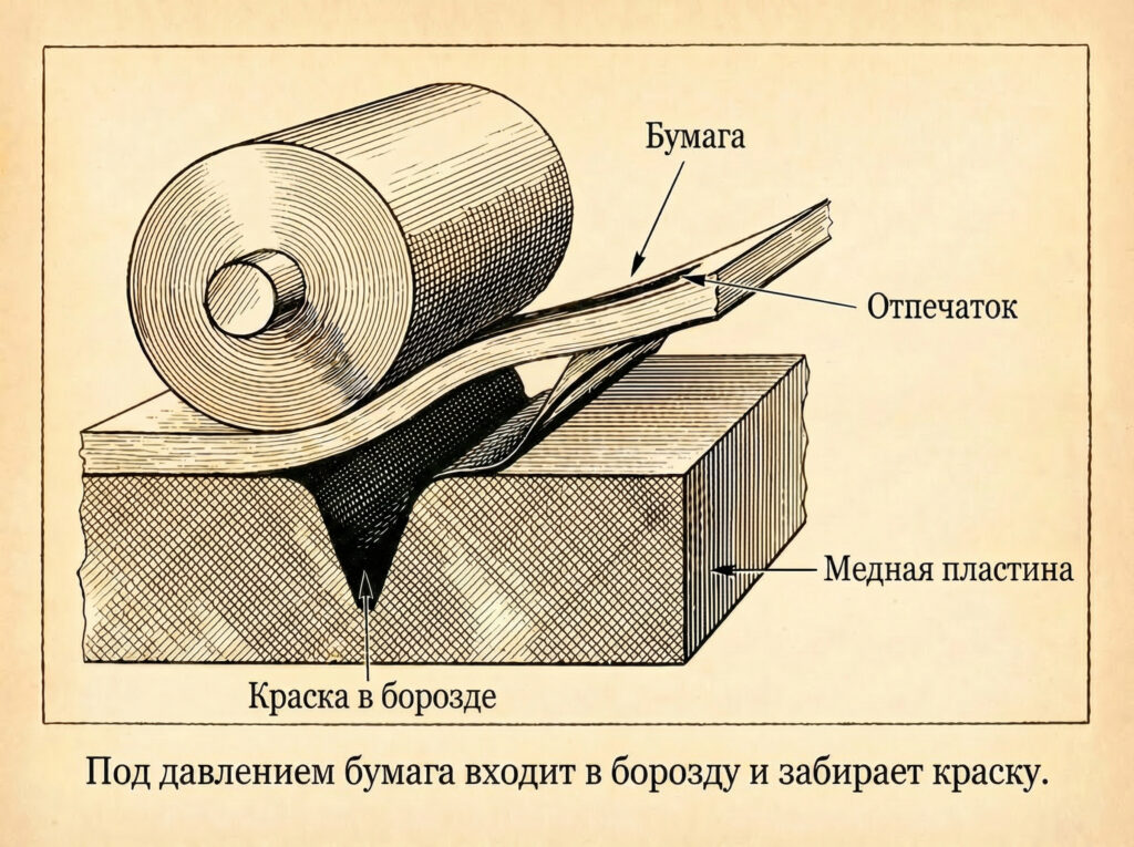 Бумага под давлением входит в борозду медной пластины и забирает краску при глубокой печати