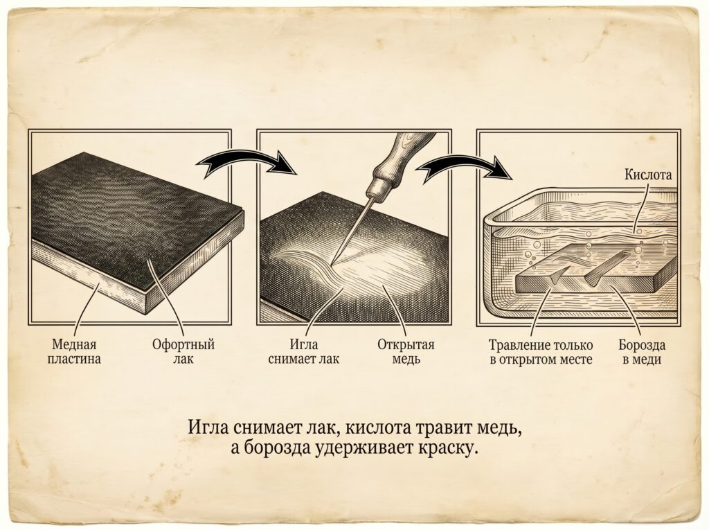 Три этапа офорта: медная пластина покрыта лаком, игла снимает лак, после чего кислота вытравливает открытые участки меди