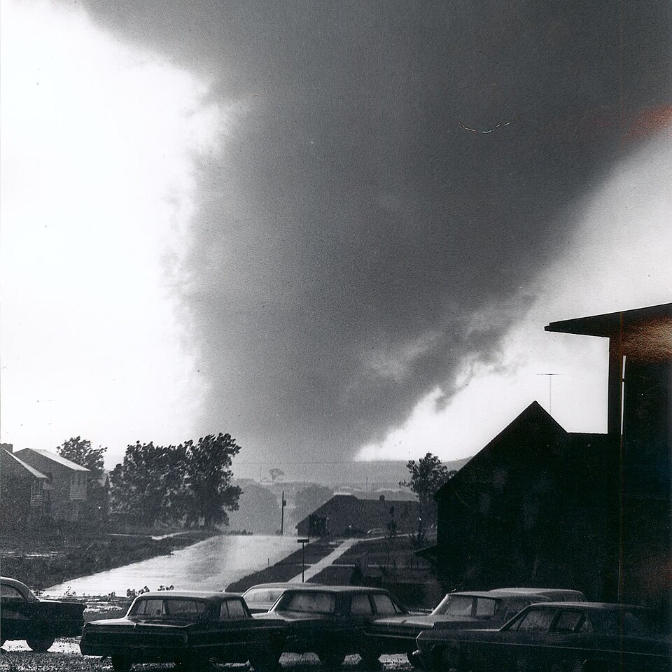 A massive tornado approaches a residential neighborhood in Topeka, Kansas, during the devastating storm of June 8, 1966