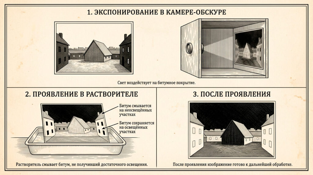 Схема трех этапов гелиографии Нисефора Ньепса: экспонирование в камере-обскуре, проявление битумной пластины в растворителе и полученное изображение после проявления.