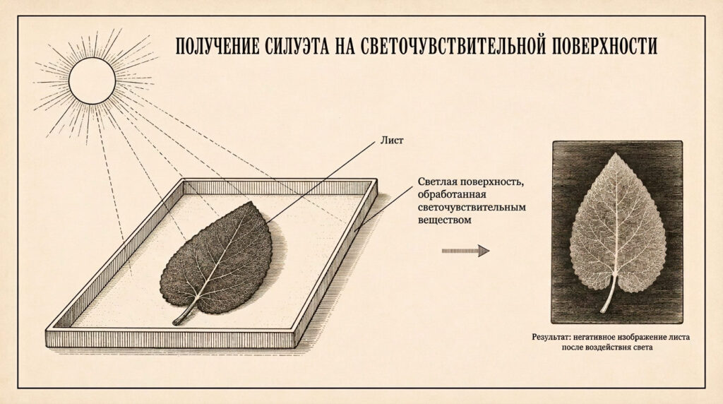 Схема получения силуэта листа на светочувствительной поверхности: солнечный свет затемняет участки вокруг листа, оставляя его светлое негативное изображение