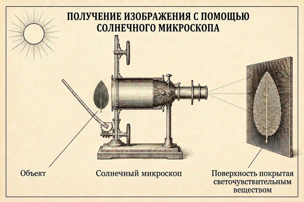 Схема опыта Гемфри Дэви с солнечным микроскопом: яркая проекция листа направляется на поверхность, покрытую светочувствительной солью серебра